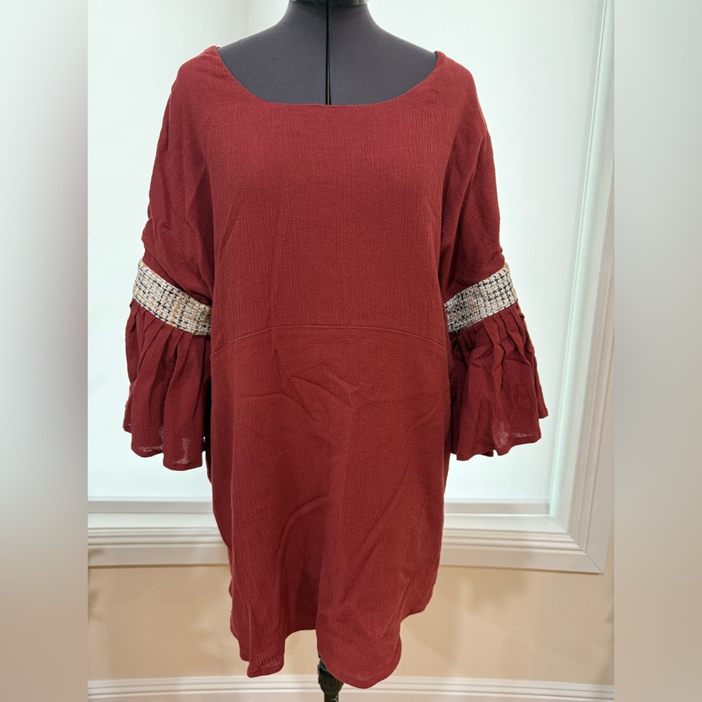 Elegant Red/Brown Tunic Dress with Ruffled Sleeves